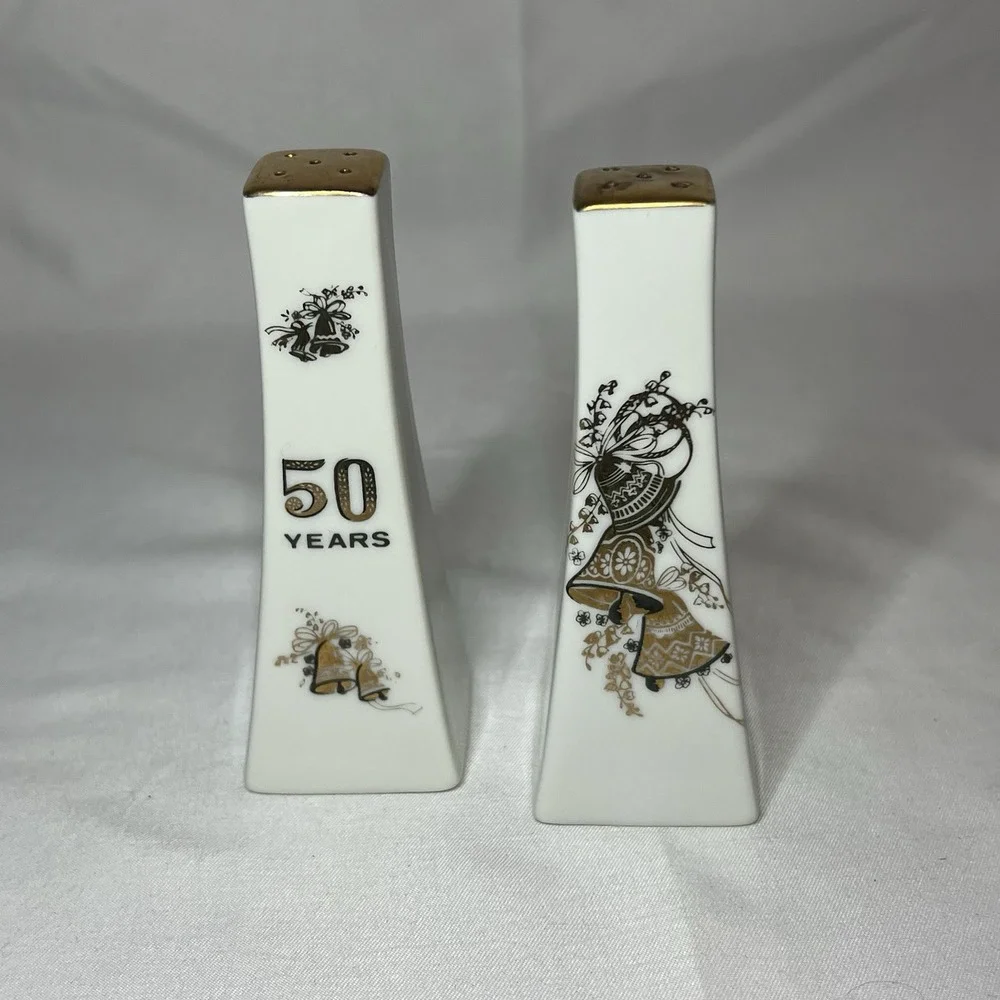 Vintage 50th Anniversary Tapered Ceramic Salt & Pepper Shakers with‎ Gold Trim